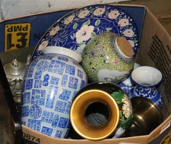 Box of Oriental ceramics, brass bell etc